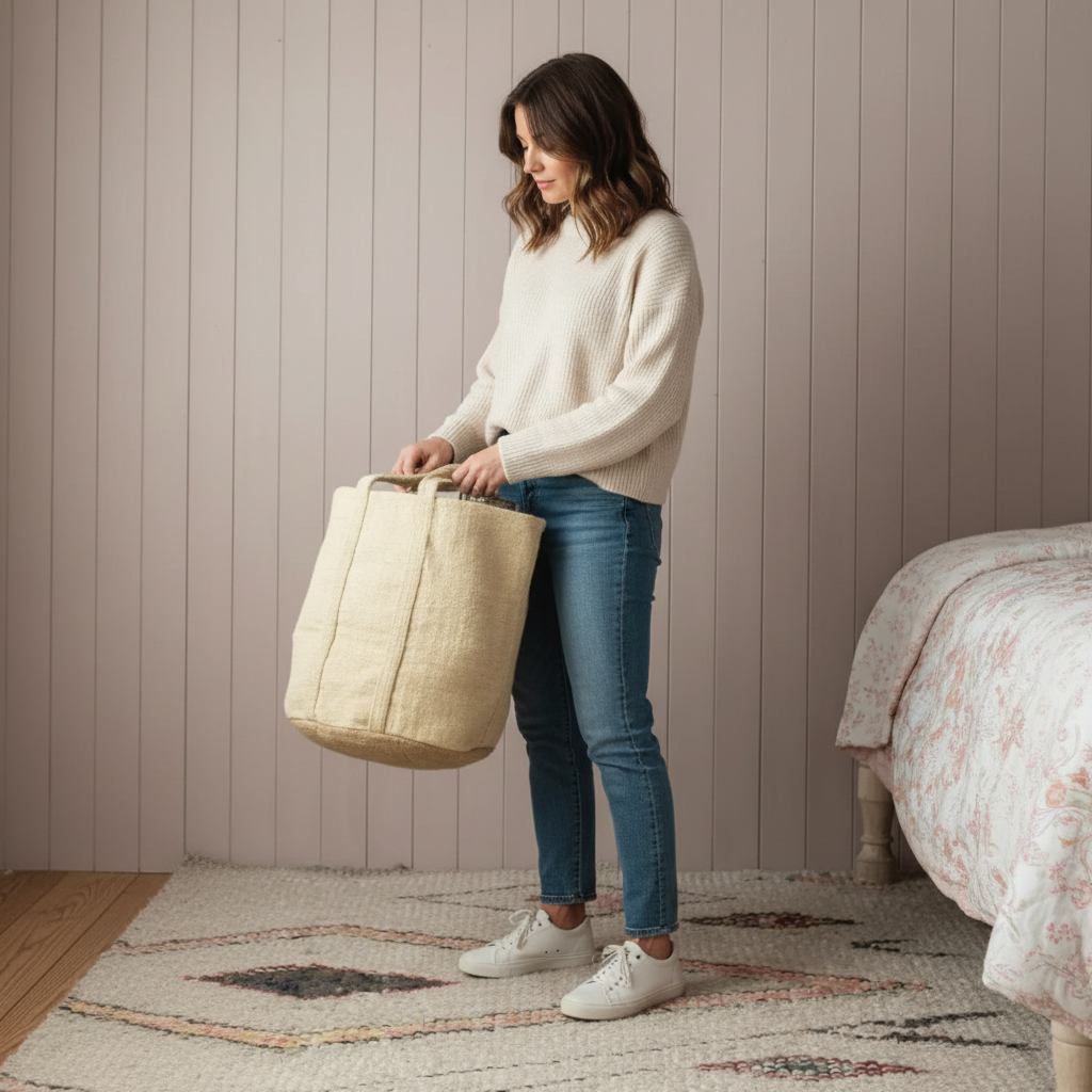 Woman holding a large handwoven jute storage basket in a bedroom setting.