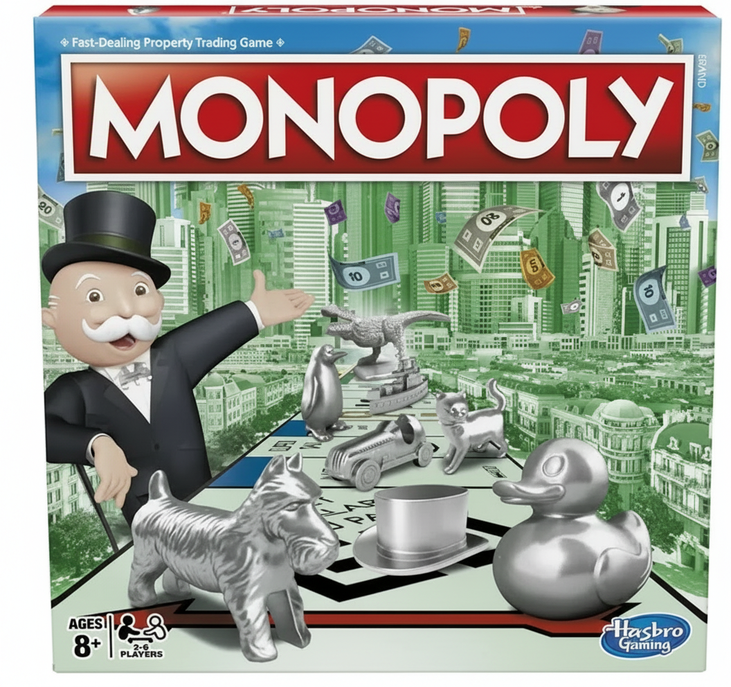 Monopoly board game box featuring Mr. Monopoly, silver tokens, and cityscape.