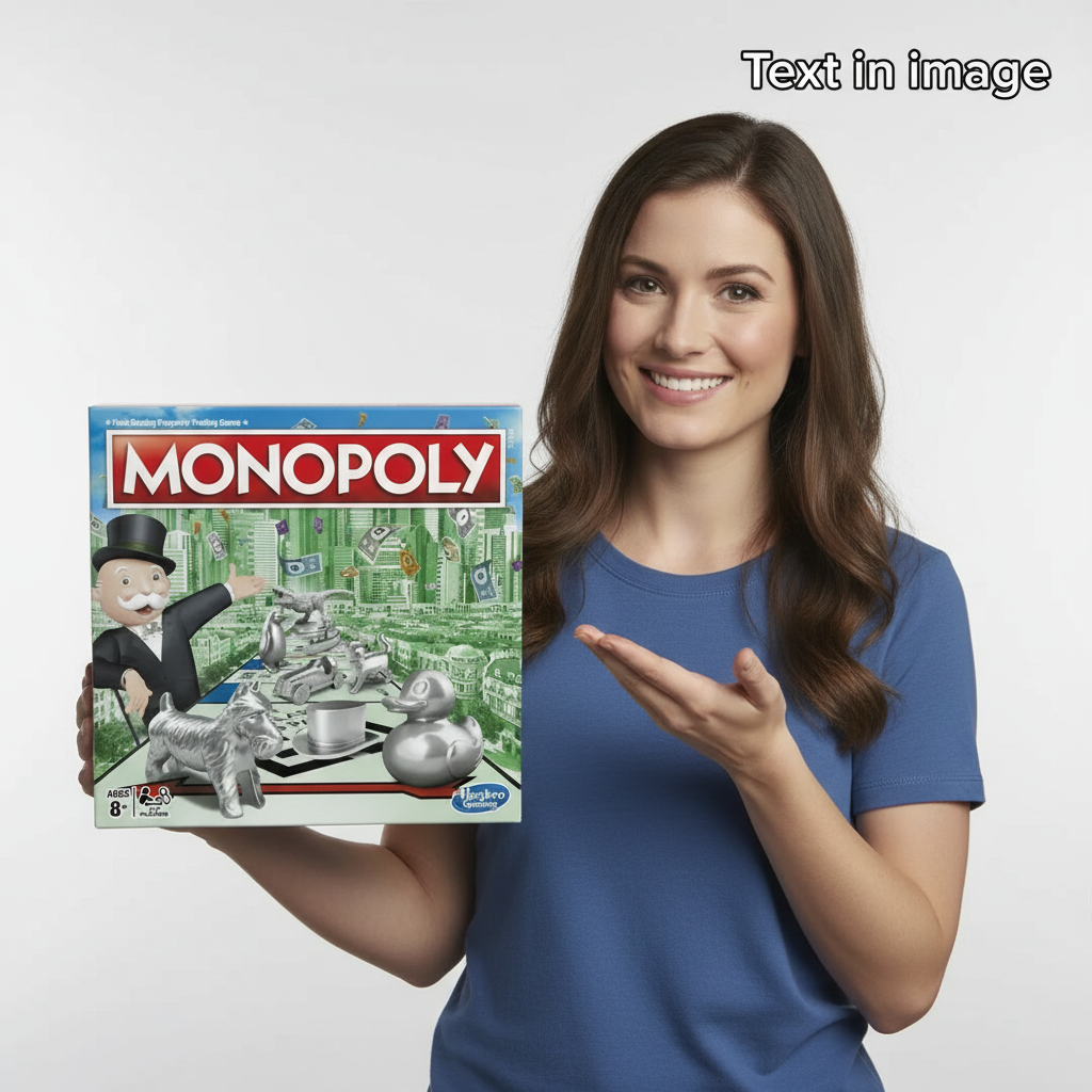 Smiling woman presents classic Monopoly board game box, ages 8+, 2-6 players.