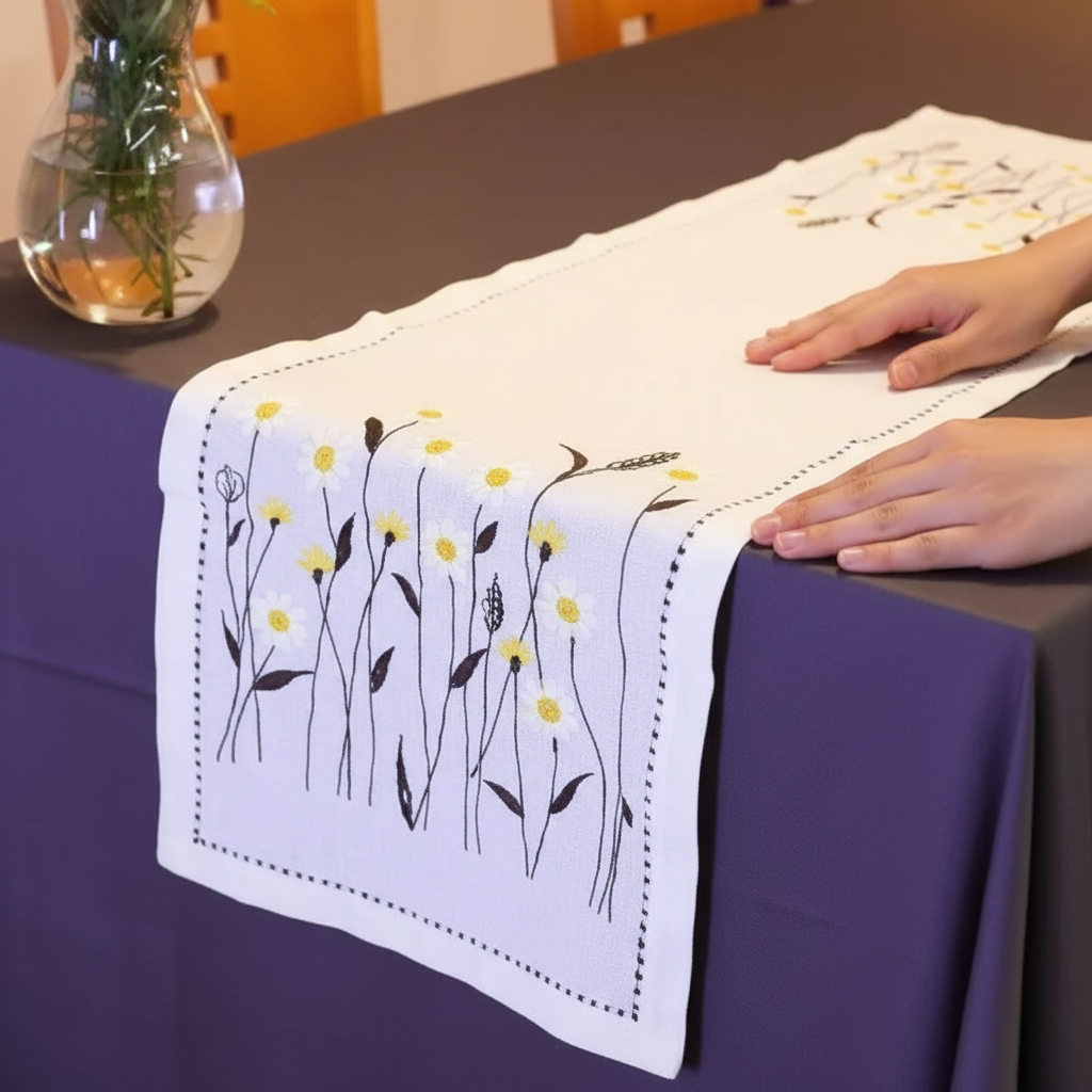 Hand-embroidered cotton table runner with botanical motifs on dining table