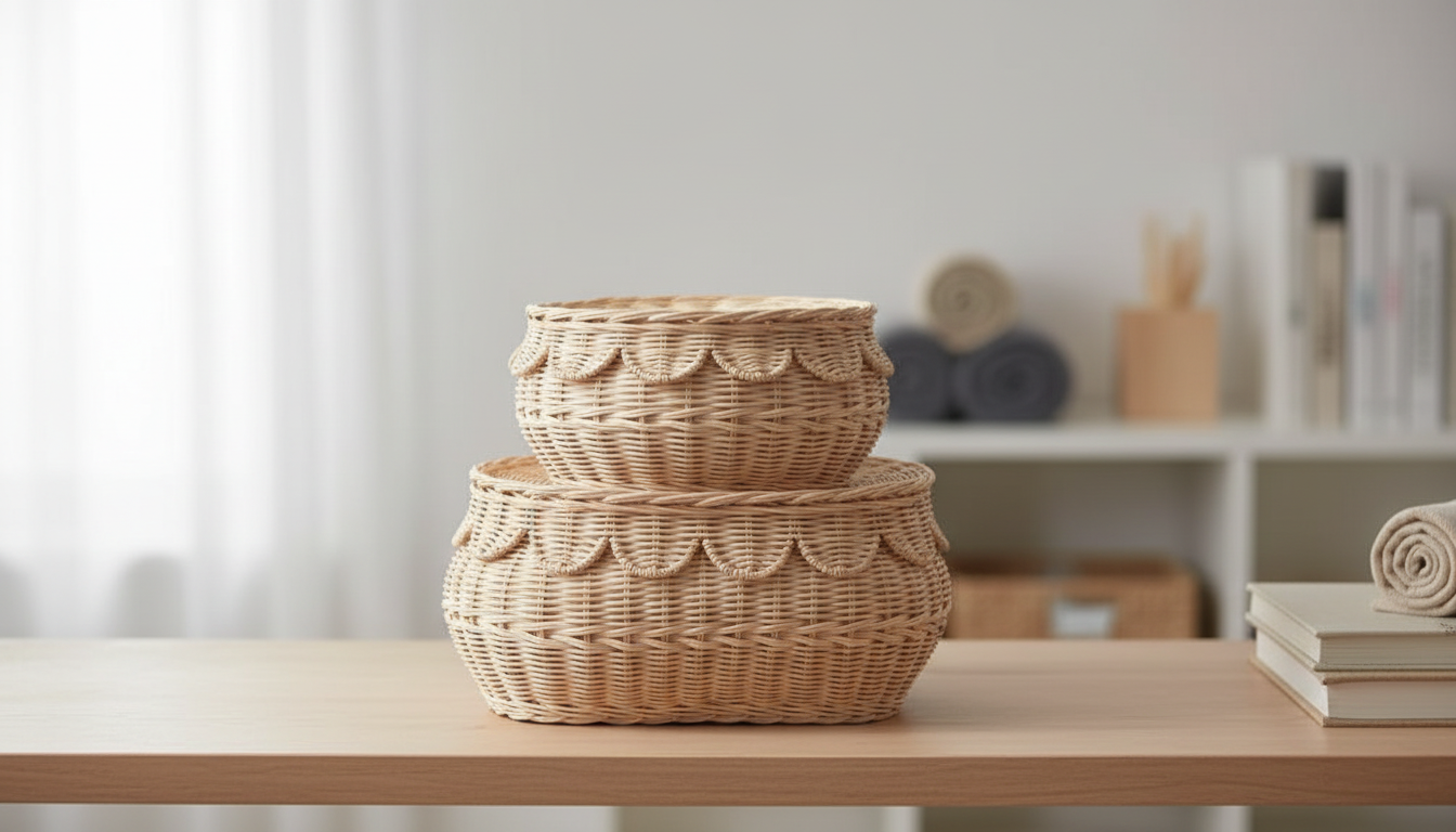 Eco-friendly handwoven seagrass storage baskets with scalloped rims on table