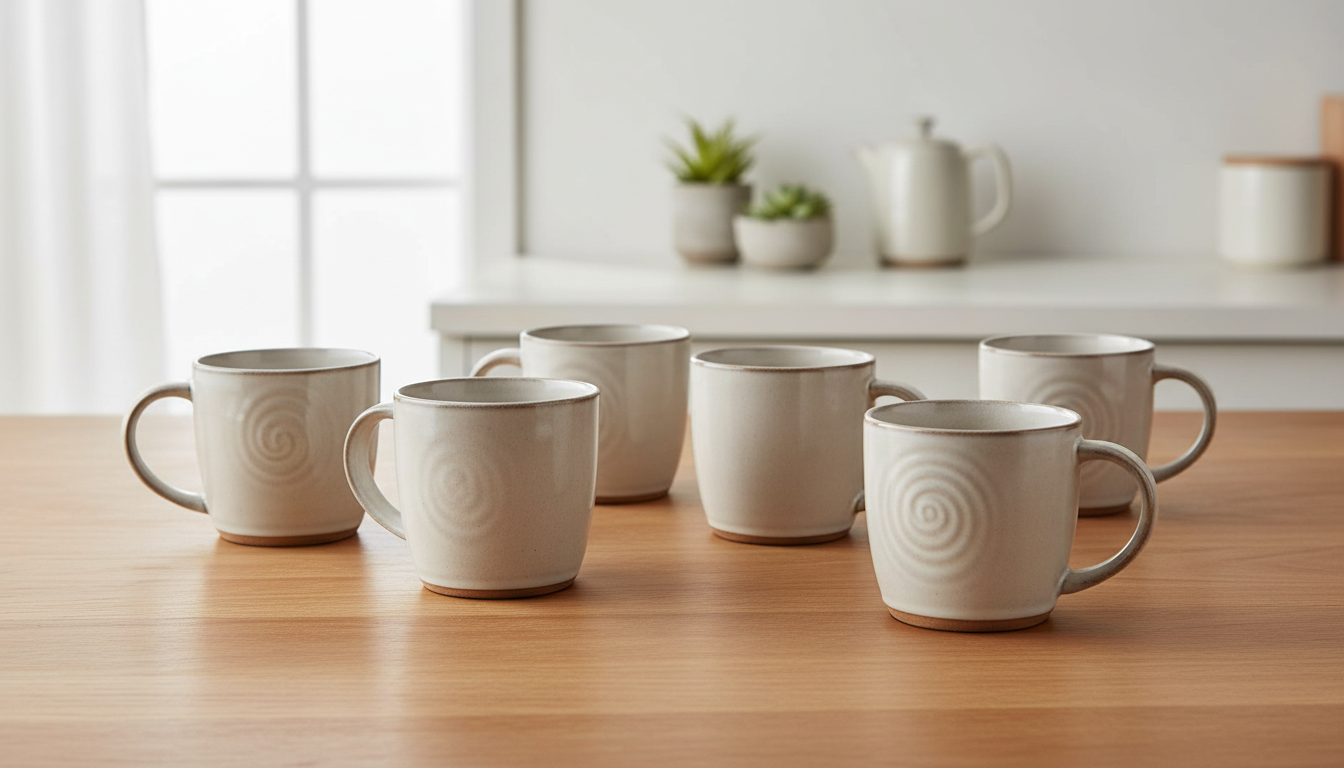 Stoneware mug set with spiral texture displayed on wooden table