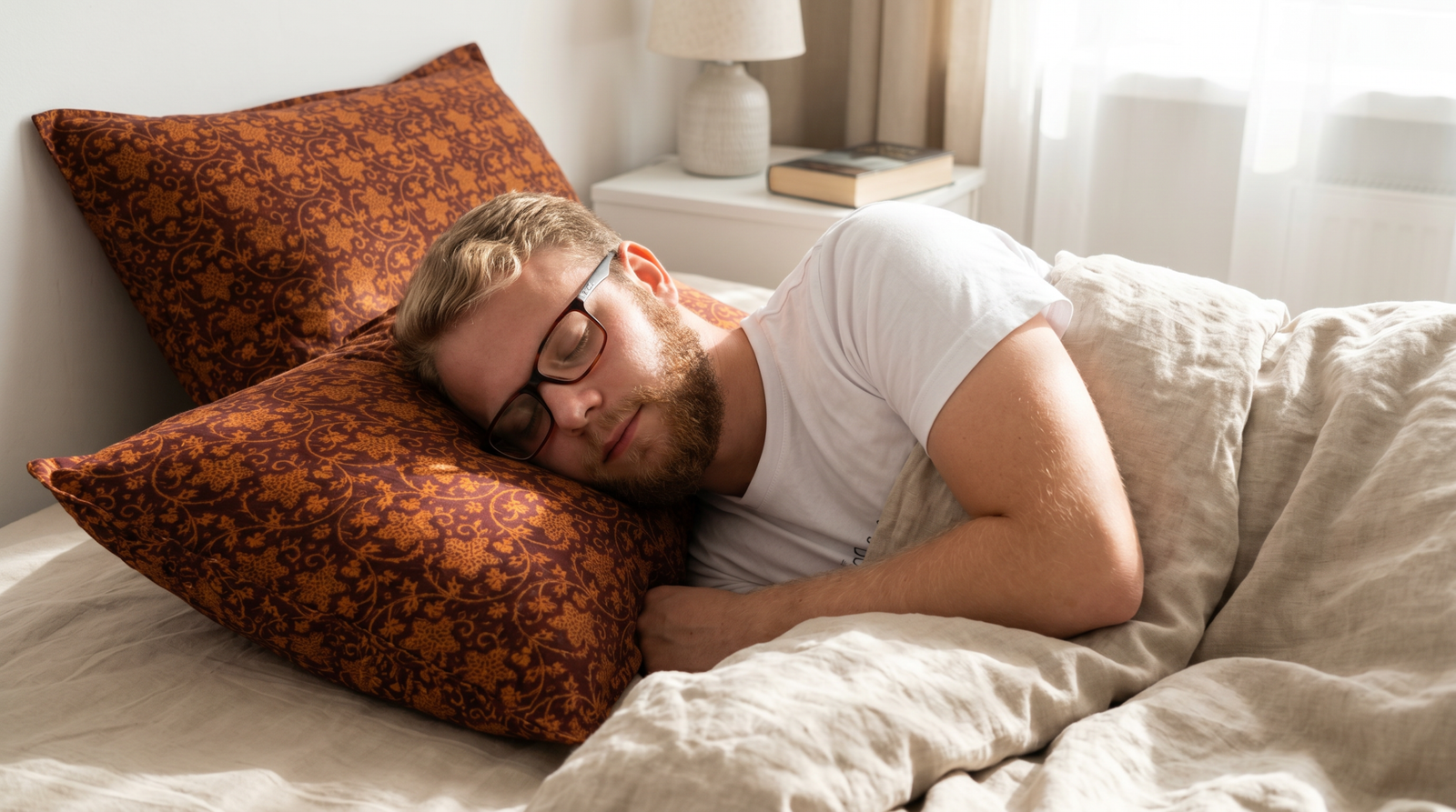Cotton block-print pillow for sleep with intricate rust floral pattern