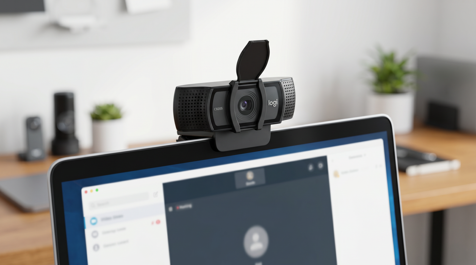 HD Webcam for Video Conferencing mounted on a laptop with privacy cover open