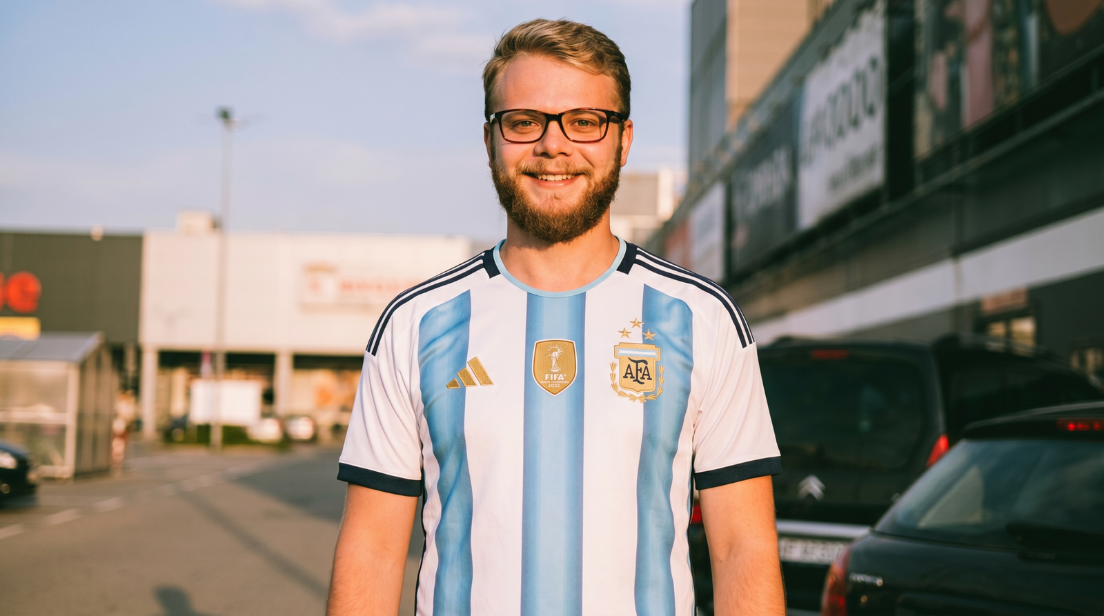 Argentina Home Kit 2026 jersey worn by a smiling man outdoors