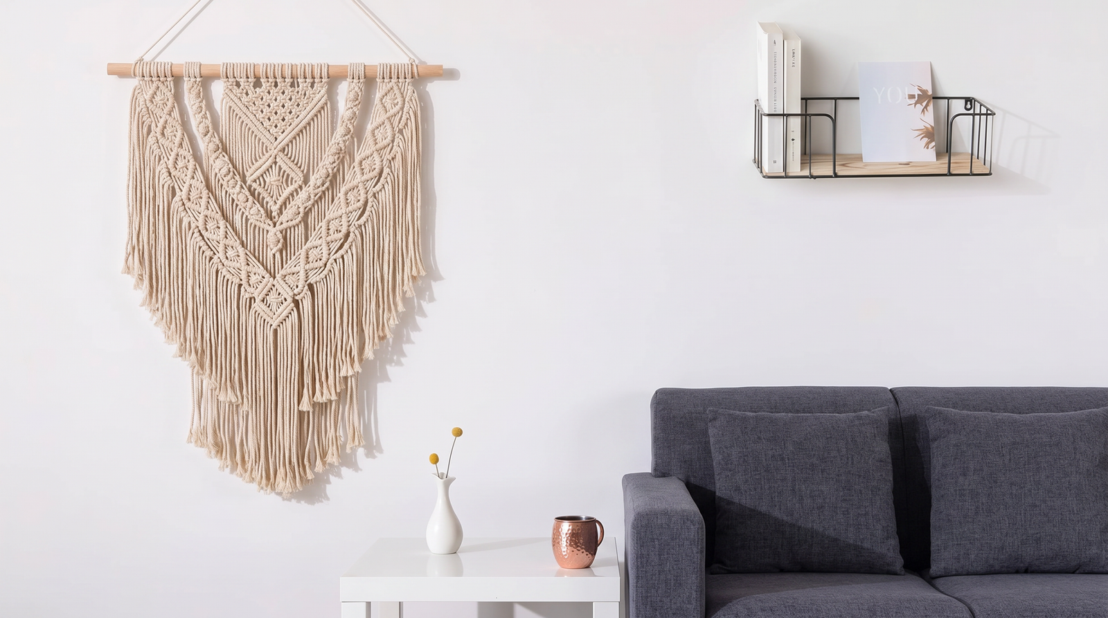 Bohemian hand-knotted macrame wall art displayed in a minimalist living room