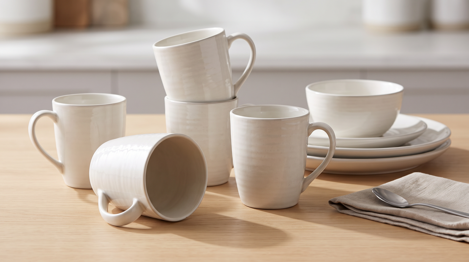Stoneware mug set arranged on a wooden table with dinnerware
