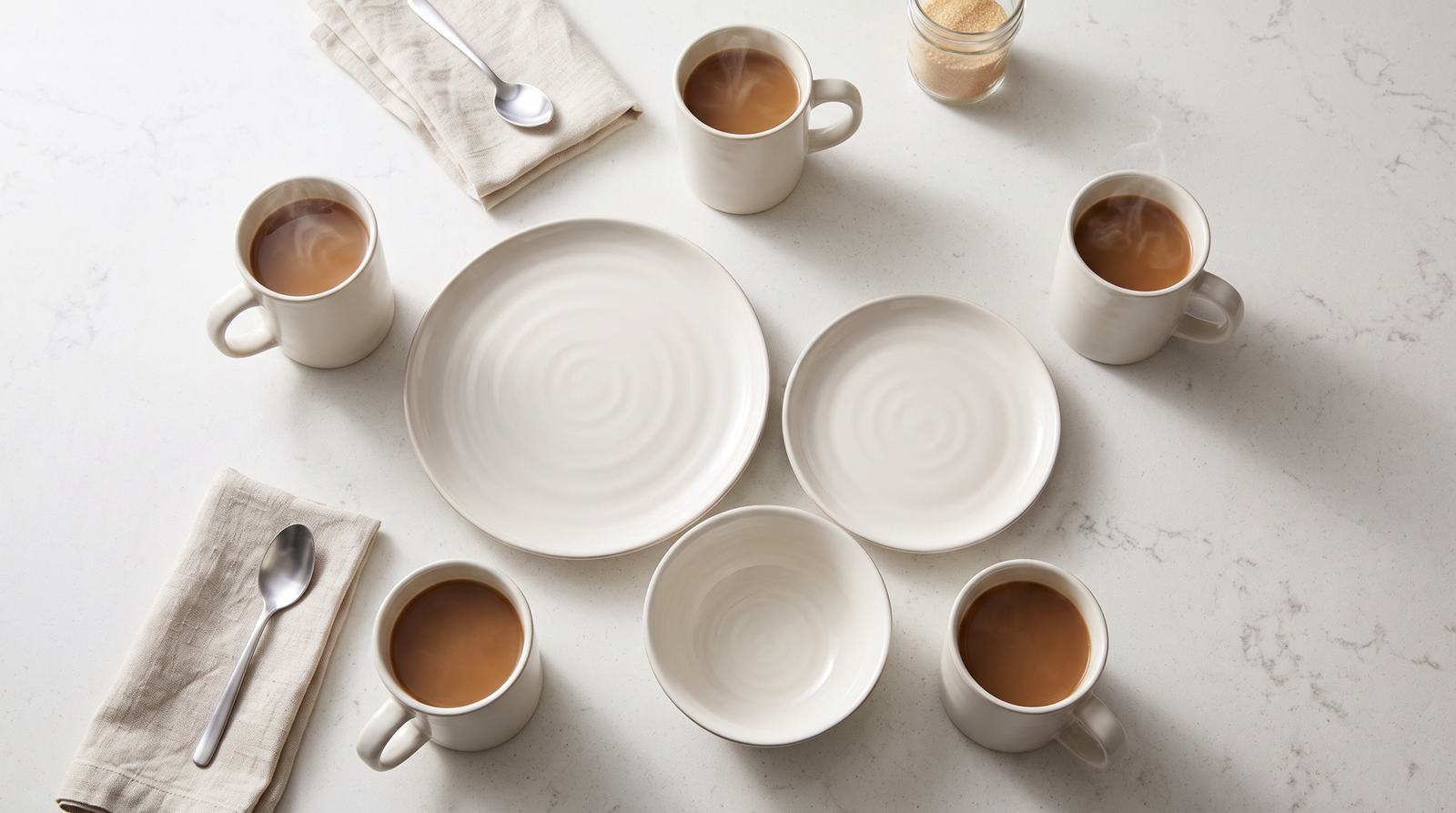 Stoneware mug set with steaming coffee on a marble countertop