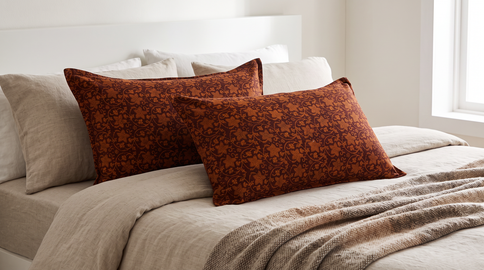 Cotton block-print pillow for sleep in deep terracotta floral pattern