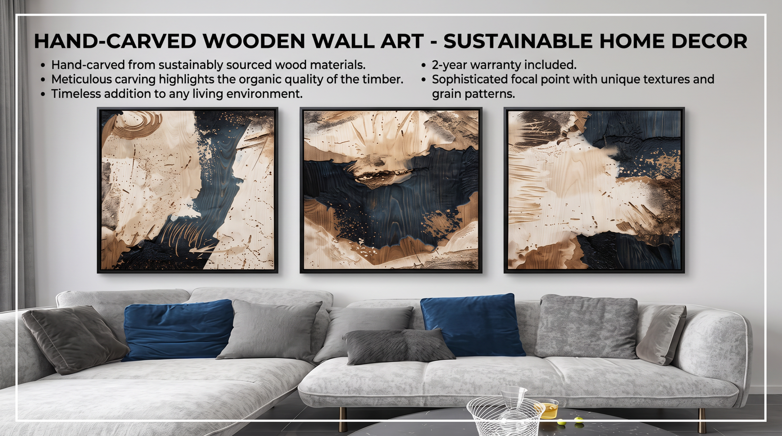 Hand-carved wooden wall art triptych displayed above a modern sofa