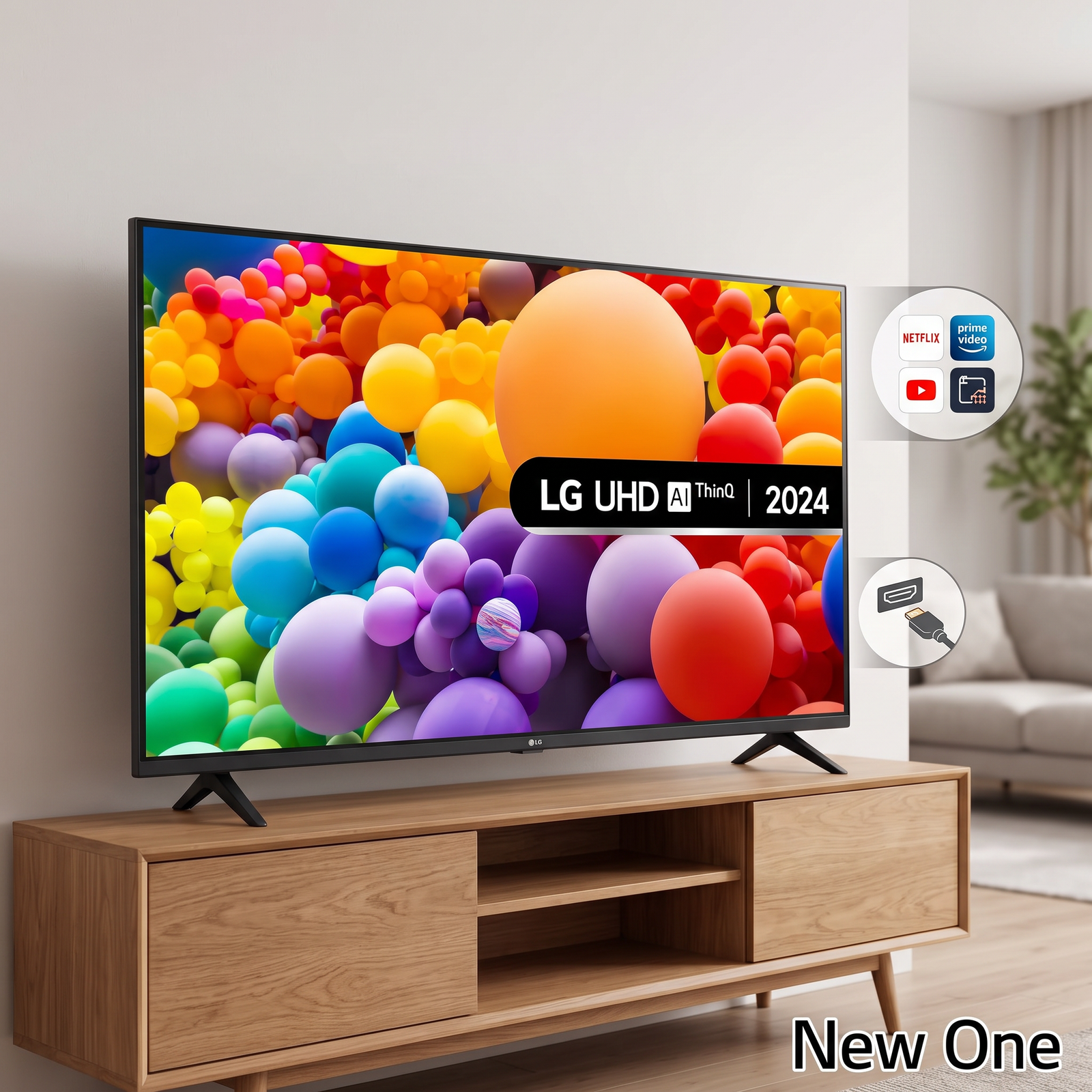 65-inch 4K Smart TV with HDR displaying colorful graphics on wooden console