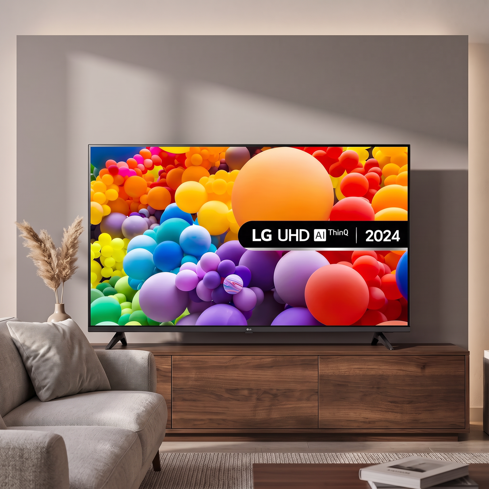 65-inch 4K Smart TV displaying colorful graphic in a modern living room