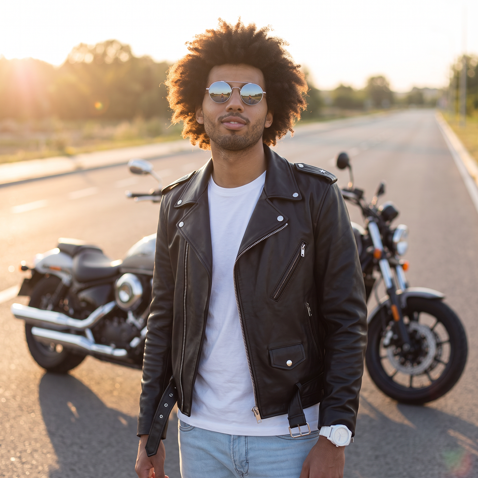 Premium leather biker jacket worn by a model standing outdoors near a motorcycle.