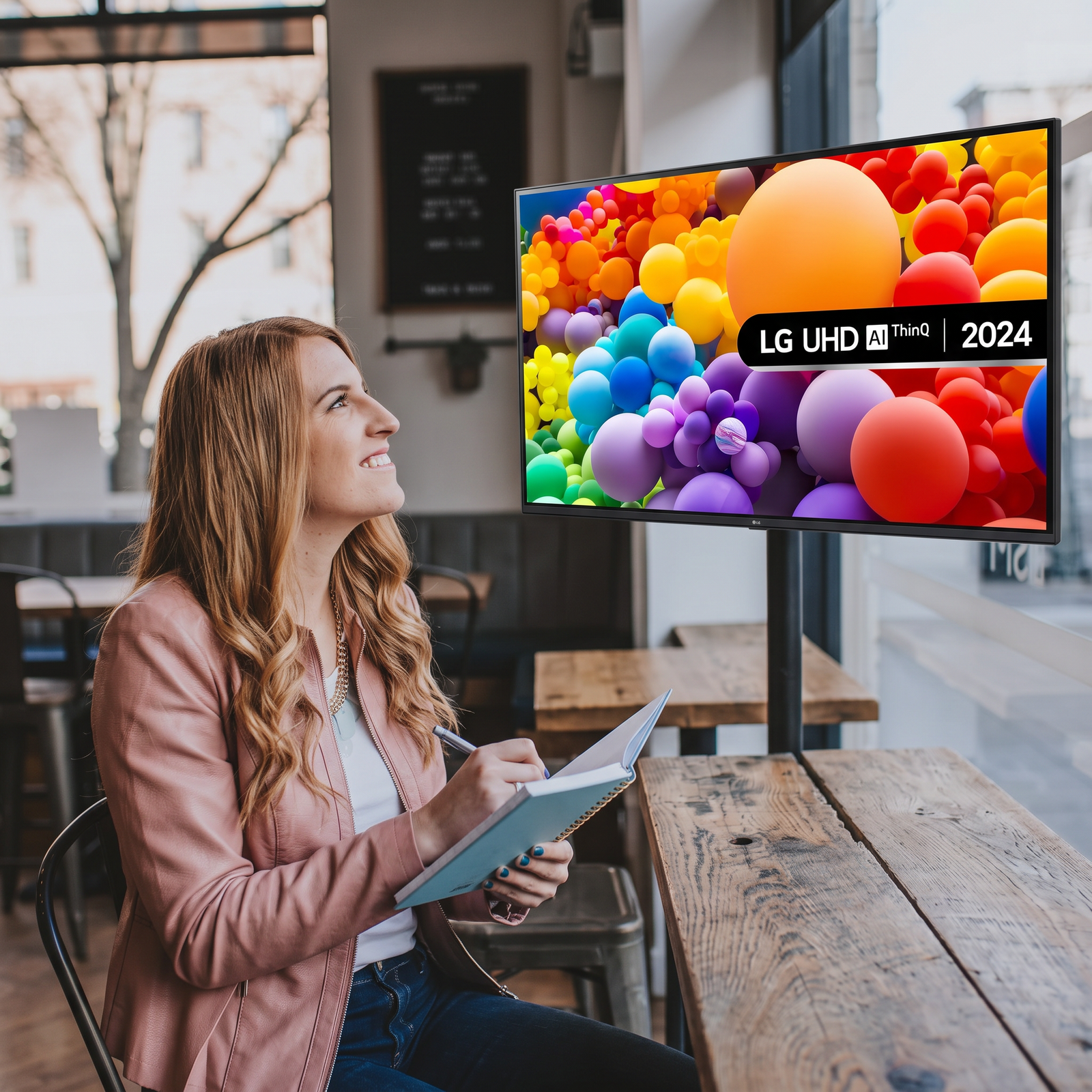 65-Inch 4K Smart TV displaying vibrant colors in a modern cafe setting