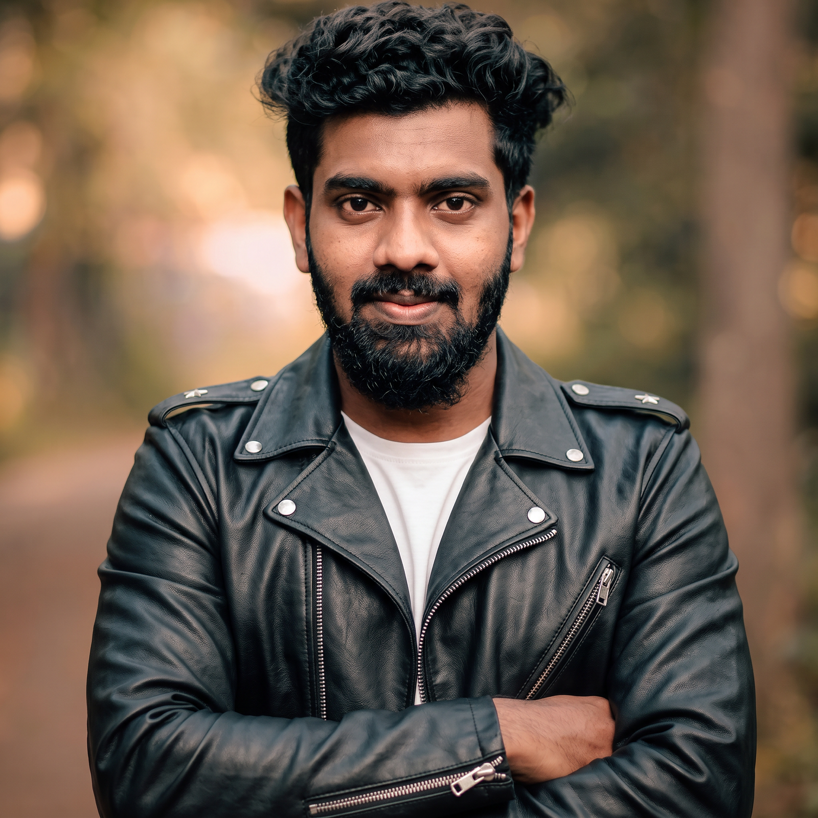 Premium leather biker jacket worn by a man outdoors.